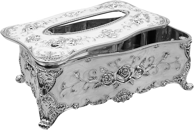 9.45"x5.43"x3.94" Luxurious Rose Tissue Box with Imitation Diamonds, Embossed Flowers, Elegant Tissue Paper Holders for Home Toilet Bath Hotel,Silver-White