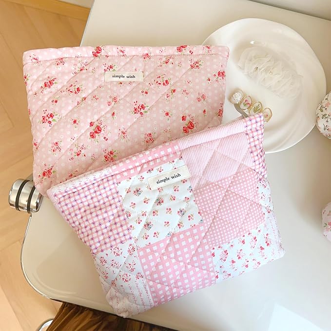 Sminra Quilted Floral Makeup Bag for Women, Cotton Cosmetic Pouch with Zipper, Slim Travel Toiletry Organizer for Makeup, Skincare and Daily Essentials Organizer (Pink Floral-L)