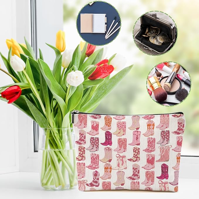 DHKG 2pcs Western Makeup Bag Western Gifts for Women Cosmetic Bag Cowgirl Gifts for Women, Girls Sister, Pink Boots Cowboy Boots Gift Christmas Birthday Gift, Cowgirl Stuff