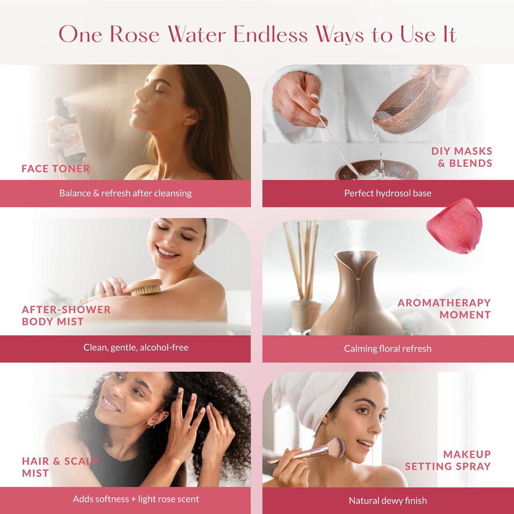 HBNO California Bottled Organic Rose Water for Face 4 fl oz (120ml) - USDA Certified Organic Rose Water Spray for Cleansing- Pure Rosewater for Hair - Rosewater Face Mist