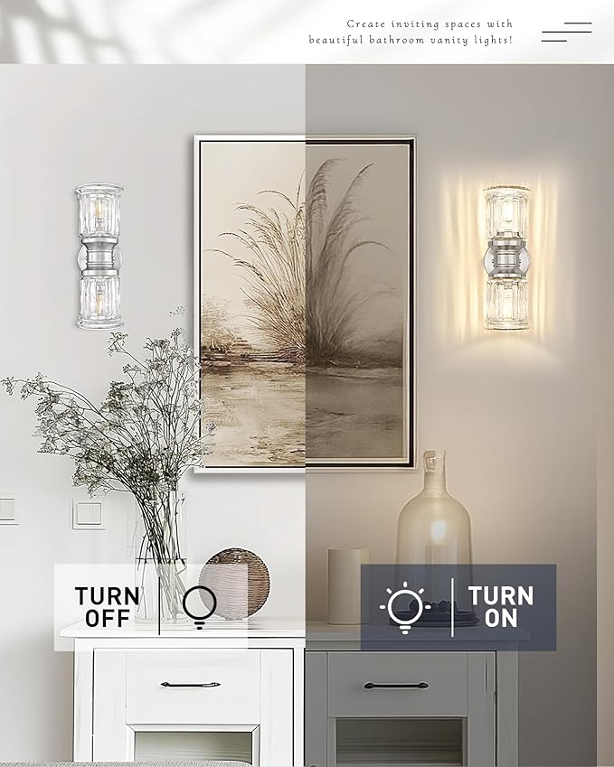 Bathroom Wall Sconces, HWH Brushed Nickel Wall Lighting for Bedroom, 2-Light Bathroom Light Fixtures with Bell-Shaped Clear Glass, Brushed Nickel Finish, 5HZG106B-2W BN