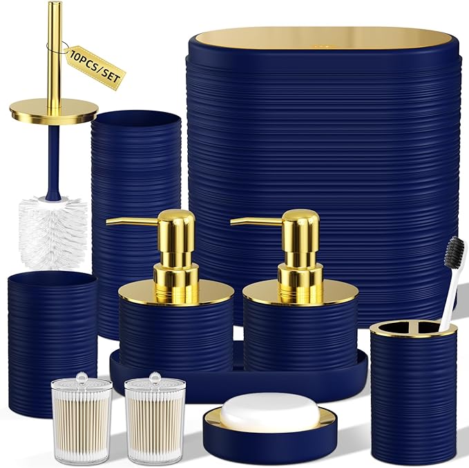 InnJoey Bathroom Set, 10PC Bathroom Accessory Set, Blue Bathroom Accessories, Navy Blue and Gold Bathroom Set with Trash Can, Soap Dispensers