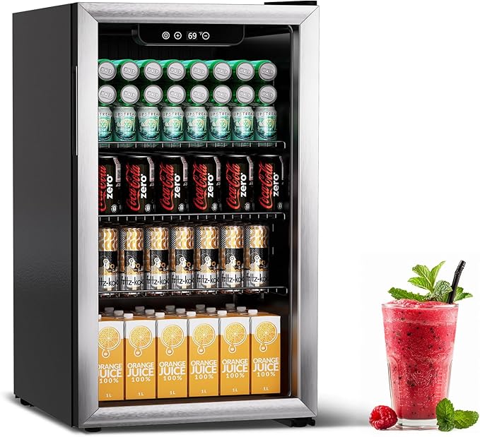 Erivess Compact Beverage Refrigerator,110 Can/3.1 Cubic Feet Fridge with Glass Door for Soda, Beer Under Counter Small Refrigerator with Adjustable Shelve & LED Display(Silver)