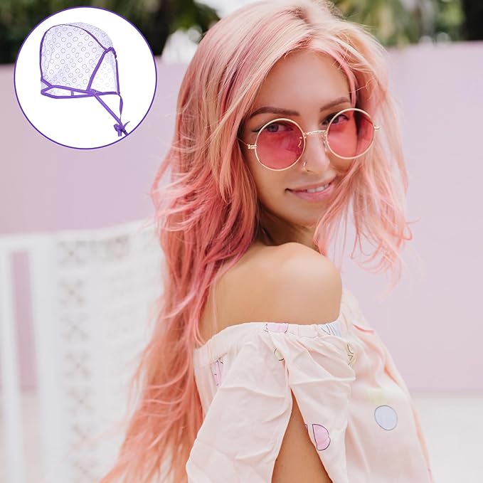 3PCS Highlight Cap With 3 Plastic Crochet Hooks Hair Highlighting Caps Highlighting Kit for Hair Coloring Salon Dyeing Bleach Salon and DIY Hairdressing Supplies(Pink Purple Blue)