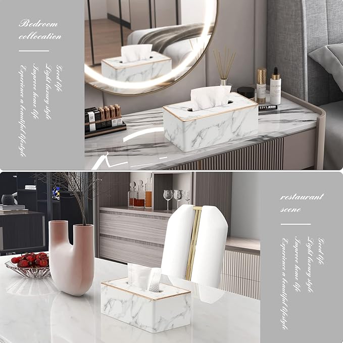 Tissue Box Cover, PU Leather Tissue Box Holder Rectangular Tissue Holders for Home/Office/Car Decoration 9.84"X5.23"X3.77" - Phnom Penh Marble