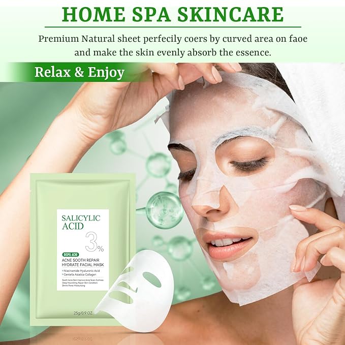 Anti Acne Face Mask Salicylic Acid Face Masks Skincare, Hydrating Face Masks, Soothing Facial Sheet Masks Skin Care for Acne Prone, Acne Mask for Pimple Breakouts Oil Control, 10 Pack