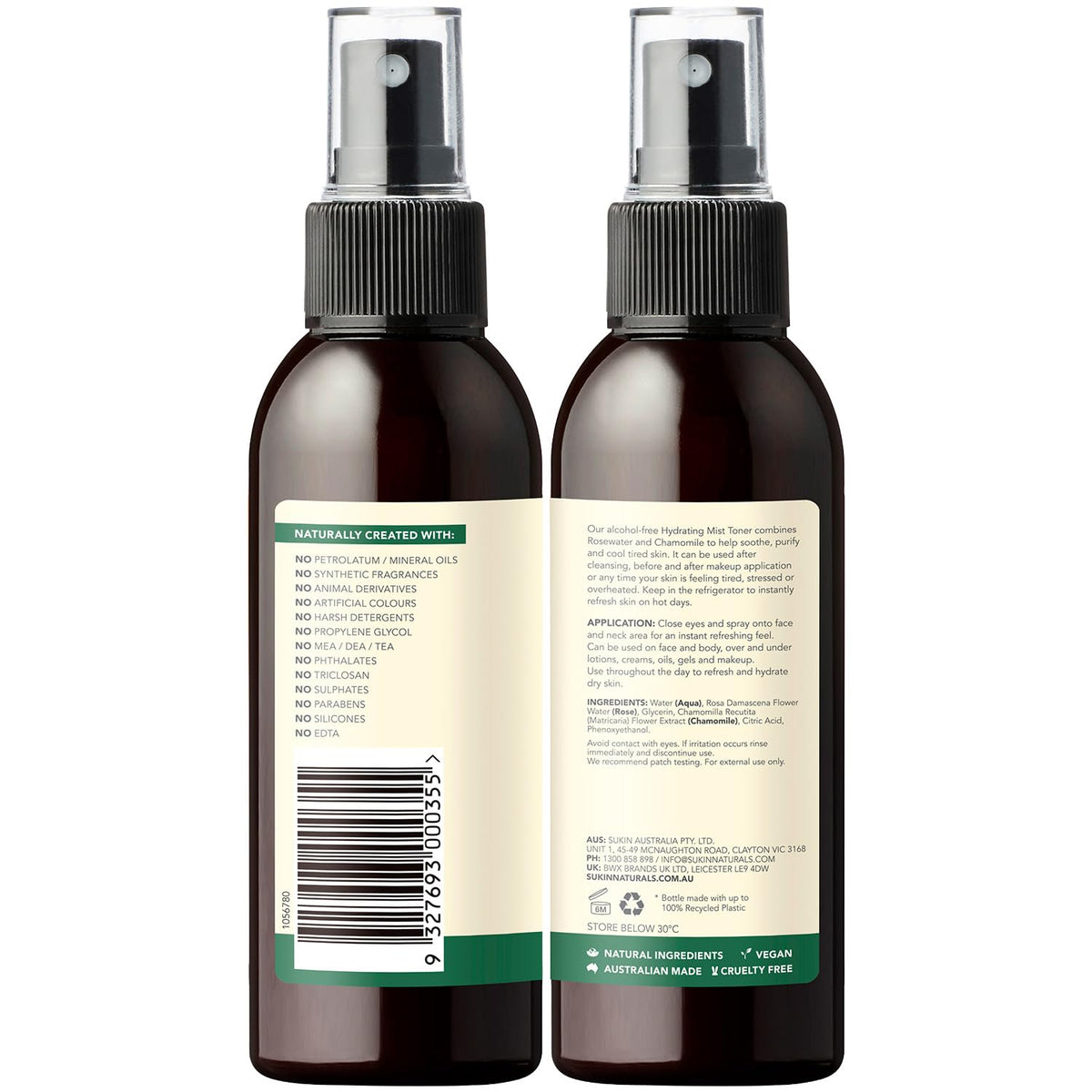 Sukin Organics Hydrating Mist Toner, Rosewater Facial Mist Spray, Refreshing Skin Care Routine For Face & Neck, Suitable for All Skin Types, 4.23 Fl Oz