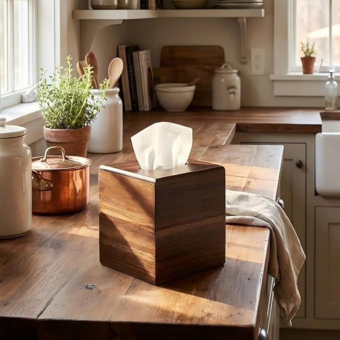 KALEKAIL Wood Tissue Box Cover， Acacia Wood Tissue Box Cover Square, Decorative Cube Facial Wooden Tissue Box Holder with Slide-Out Bottom for Bathroom, Bedroom, Dinner Table, Office, Kitchen