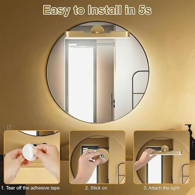 Benreom Wireless Vanity Light for Mirror, Rechargeable LED Bar, Gold