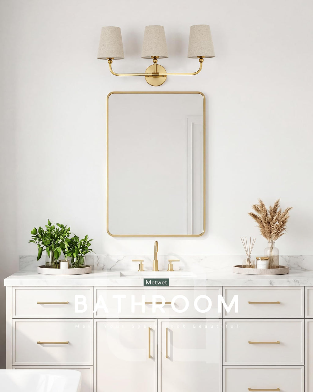 METWET 3-Light Brushed Gold Bathroom Vanity Light, Brown Linen Fabric Shade