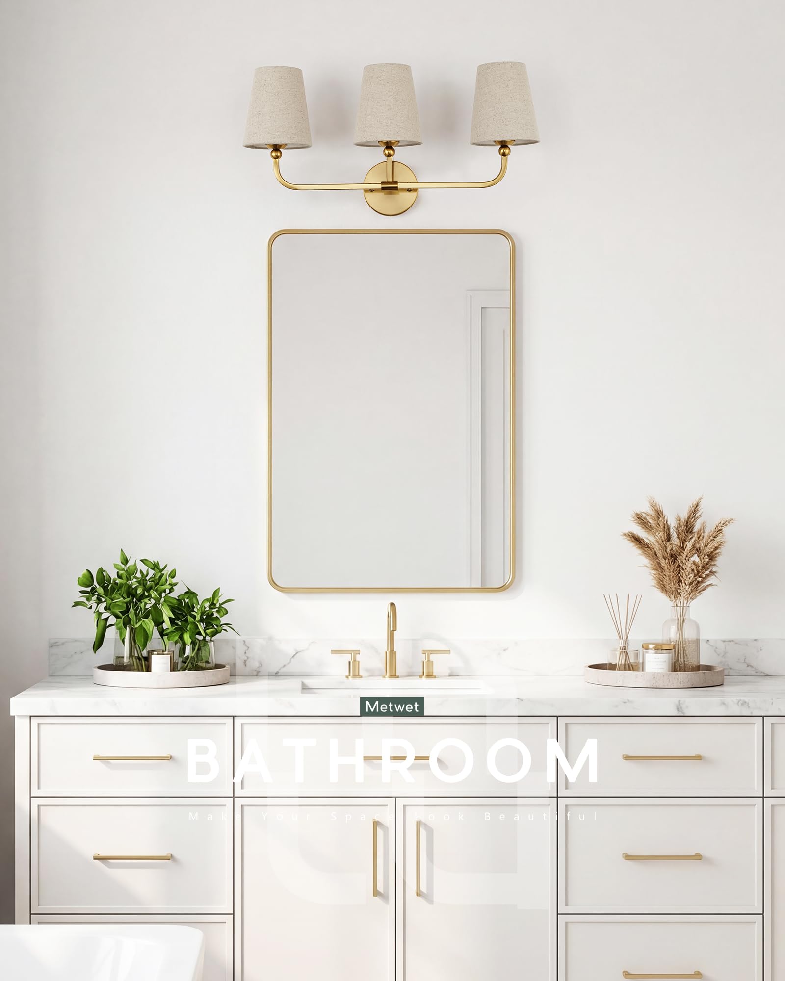 METWET 3-Light Brushed Gold Bathroom Vanity Light, Brown Linen Fabric Shade