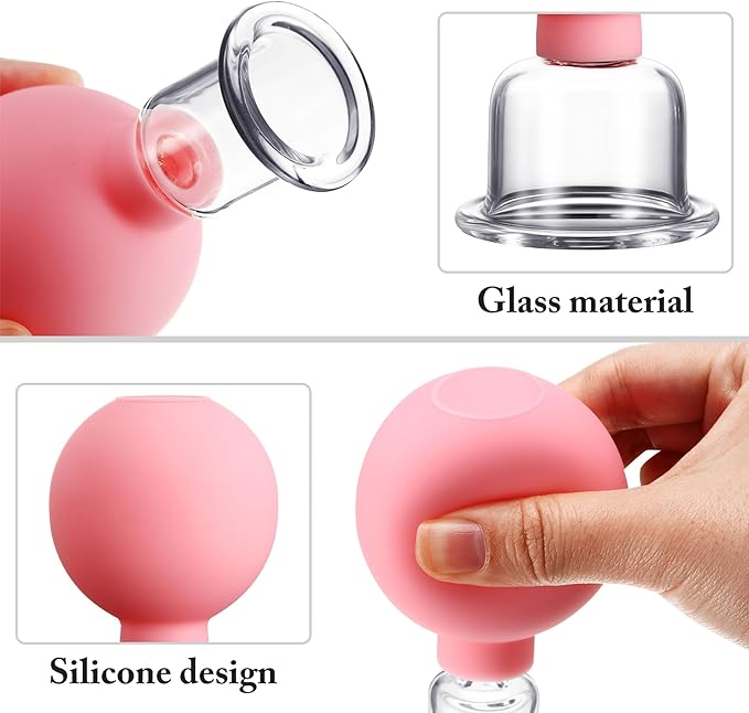 BBTO 4 Pieces Glass Cupping Set Glass Silicone Cupping Cups Massage Vacuum Suction Cupping Cups for Body Face Leg Arm Back Shoulder Muscle and Joint Pain (Pink)