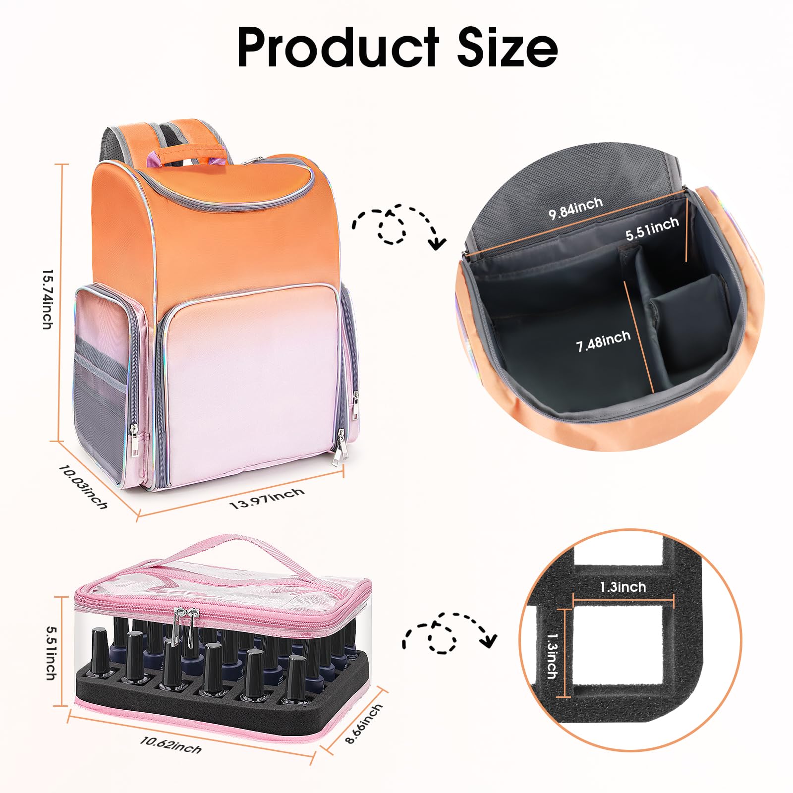 Nail Polish Organizer Bag Large Nail Polish Storage Organizer Case Backpack Holds 60 Bottles and Nail Lamp with 2 Removable Case Professional Nail Supplies Organizer for Manicurist