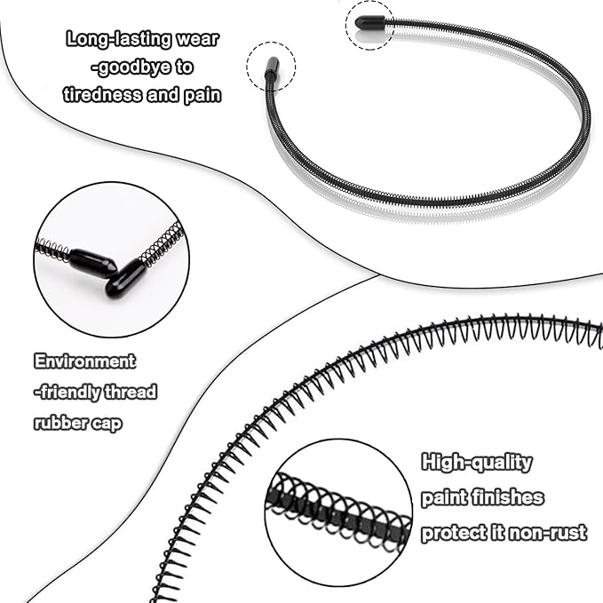 Metal HairBand for Men, Unisex Wavy Spring Hair Band, Black Zig Zag Headband, Fashion Elastic Hair Accessories Perfect for Outdoor Sports and Daily Use (8 Pack)
