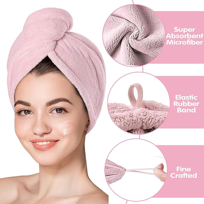 Hair Drying Towel 3 Pack - Ultra Soft Microfiber Turban Twist Hair Wrap for Women - Super Absorbent, Quick Dry Hair Towel Cap for Wet Hair (3 Colors, Yellow Pink & Red)