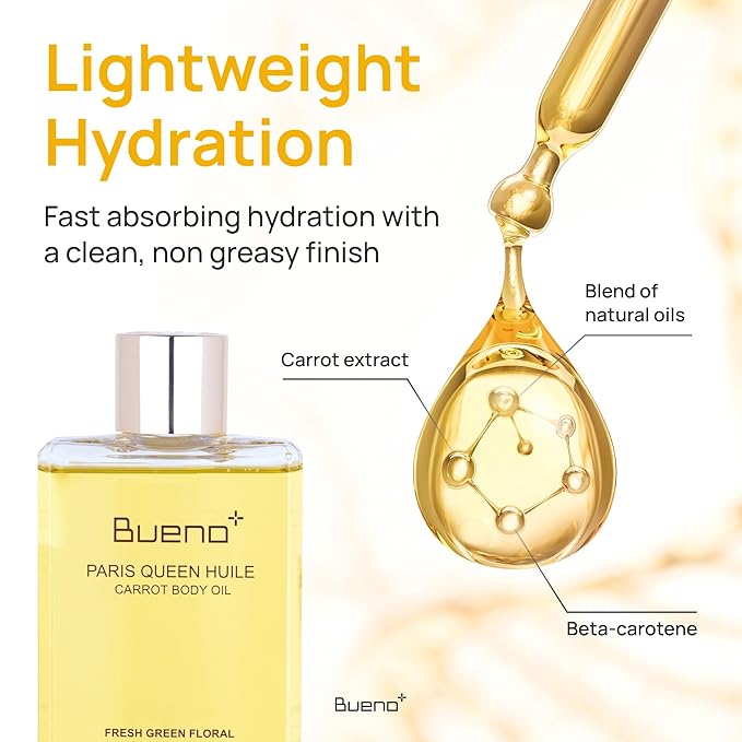 Bueno+ Paris Queen Huile Carrot Body Oil | Fast-Absorbing Non-Greasy Glow Formula | Brightens & Hydrates with Carrot Extract & Beta-Carotene | Fresh Green Floral Scent | All Skin Types | 6.7 Fl Oz