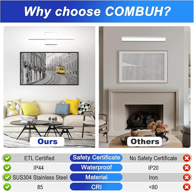 Combuh LED Bathroom Vanity Light Bar 16 Inch 9W IP44 Over Mirror Lighting Fixture Wall Sconces Indoor Modern Cool White 6000K Chrome Set of 2