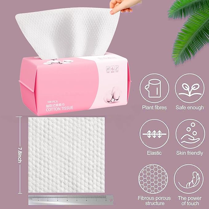 Disposable Face Towel 100 Count for Washing Soft Cotton Dry Wipes Facial Cloths Towelettes for Washing and Drying, Facial Tissue for Cleansing, Skincare and Makeup Remover (4 Pack)