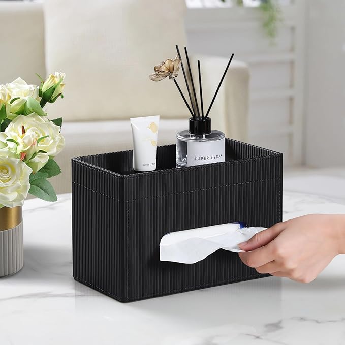 Tissue Box Cover Rectangle with Storage Tray, PU Leather Tissue Holder for Bathroom Vanity Countertop Night Stands Bedroom Office Desk, Stylish Rectangular Tissue Box Holder (Black)