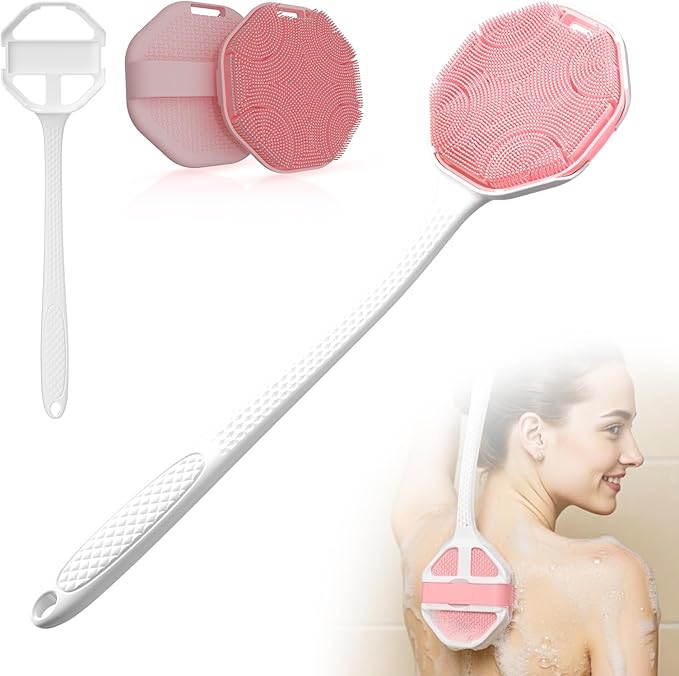 3PCS Extender Handle Set,17in Lengthen Detachable Long Handle Back Brush*1,Silicone Body Scrubber for Gentle Exfoliating and Massage Can Produce Rich Foam*2,Long Handle Back Scrubber for Men (White)