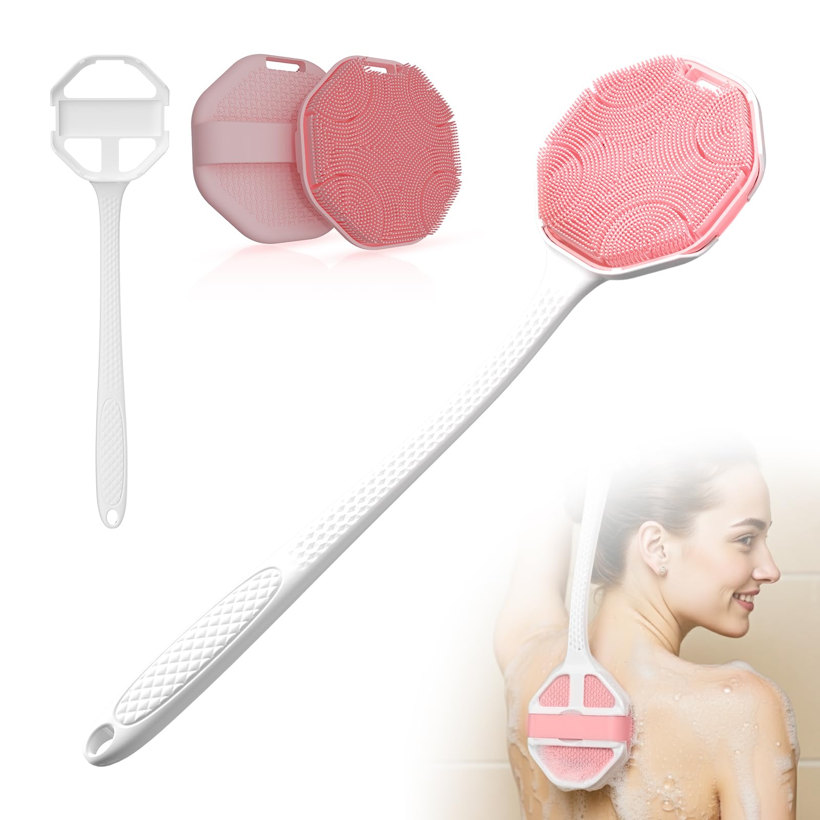 3PCS Extender Handle Set,17in Lengthen Detachable Long Handle Back Brush*1,Silicone Body Scrubber for Gentle Exfoliating and Massage Can Produce Rich Foam*2,Long Handle Back Scrubber for Men (White)