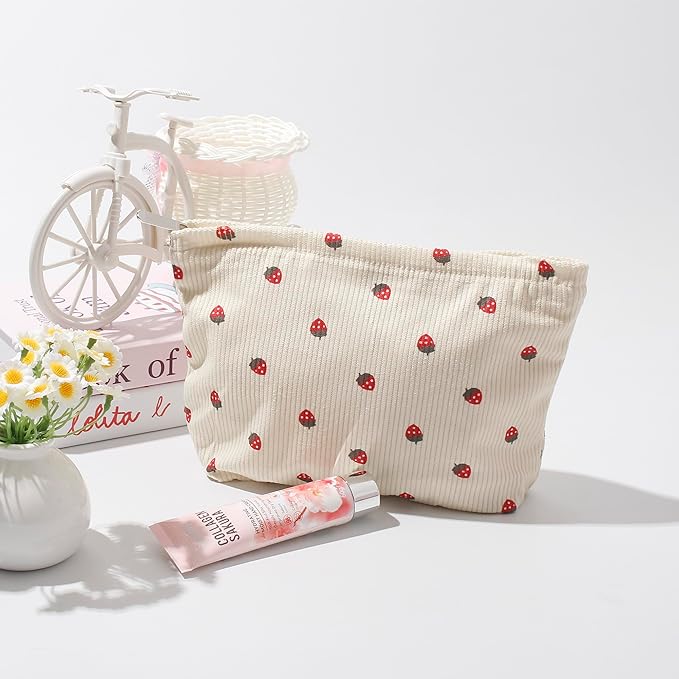Gardsell Cosmetic Bags for Women - Corduroy Cosmetic Bag Aesthetic Women Handbags Purses Smile Dots Makeup Organizer Storage Makeup Bag Girls Case Bags (Flowers-Beige strawberry)