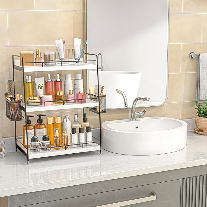 BSTSLL Bathroom Counter Organizer,Bathroom Countertop Organizer with Baskets,Vanity Organizers,Counter Shelf,Countertop Storage, Makeup Organizers(White)