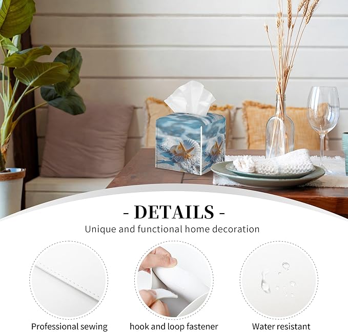 Shells Starfish on Beach Tissue Box Cover Square,Summer Ocean Shells Starfish Tissue Box Holder Waterproof Leather Facial Paper Organizer Dispenser for Bathroom Home Car Nightstand Vanity Desk