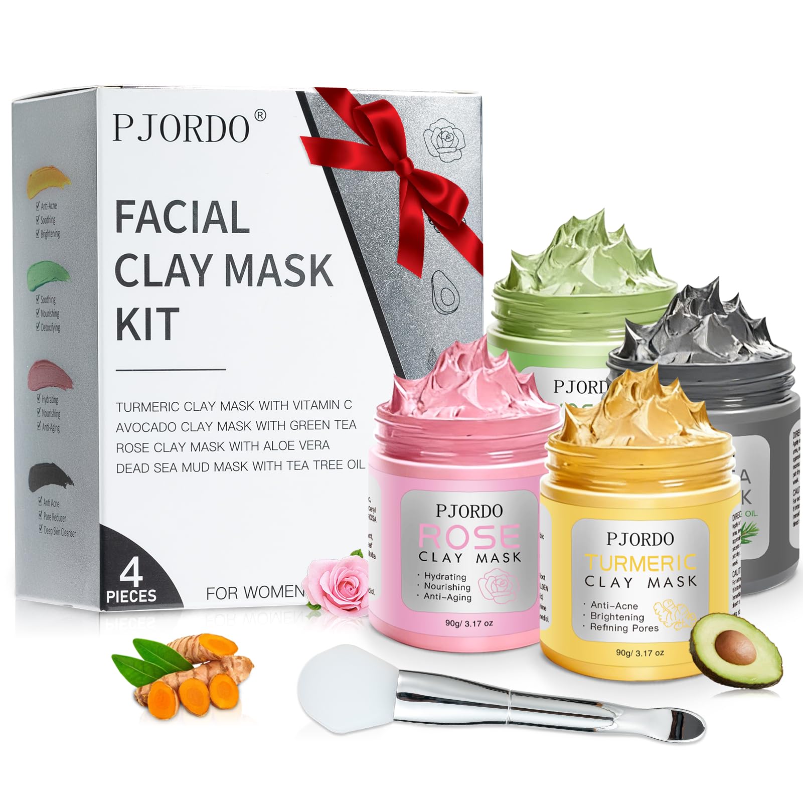 Pjordo 4 Pcs Clay Mask for Face(360g in Total), Turmeric Vitamin C, Dead Sea Mud, Green Tea Avocado, Rose, Face Masks Skincare for Pore Cleansing, Facial Masks for Women Skin Care, 3.17 Oz Each