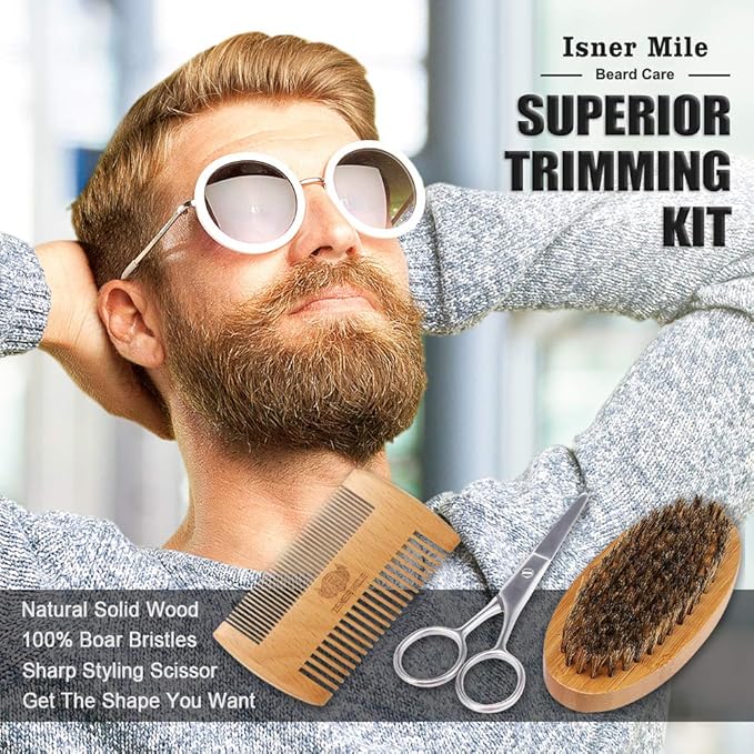 Isner Mile Dad Gifts Fathers Day Husband: from Wife Daughter, Beard Grooming Kit for Men with Beard Oil Balm Wash Brush Comb & Straight Razor, Stocking Stuffers Birthday Gifts for Men Him Boyfriend