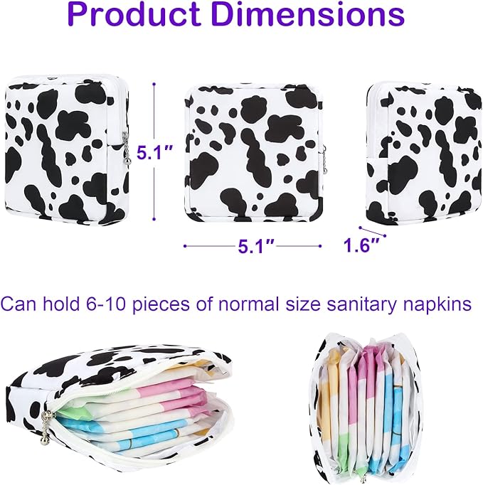 Desing Wish Sanitary Pad Storage Bag Portable Period Bag for Teen Pads/Sanitary Napkins/Small Tampons, Sanitary Napkin Storage Bag First Period Gifts for Teen Girls (Cow)