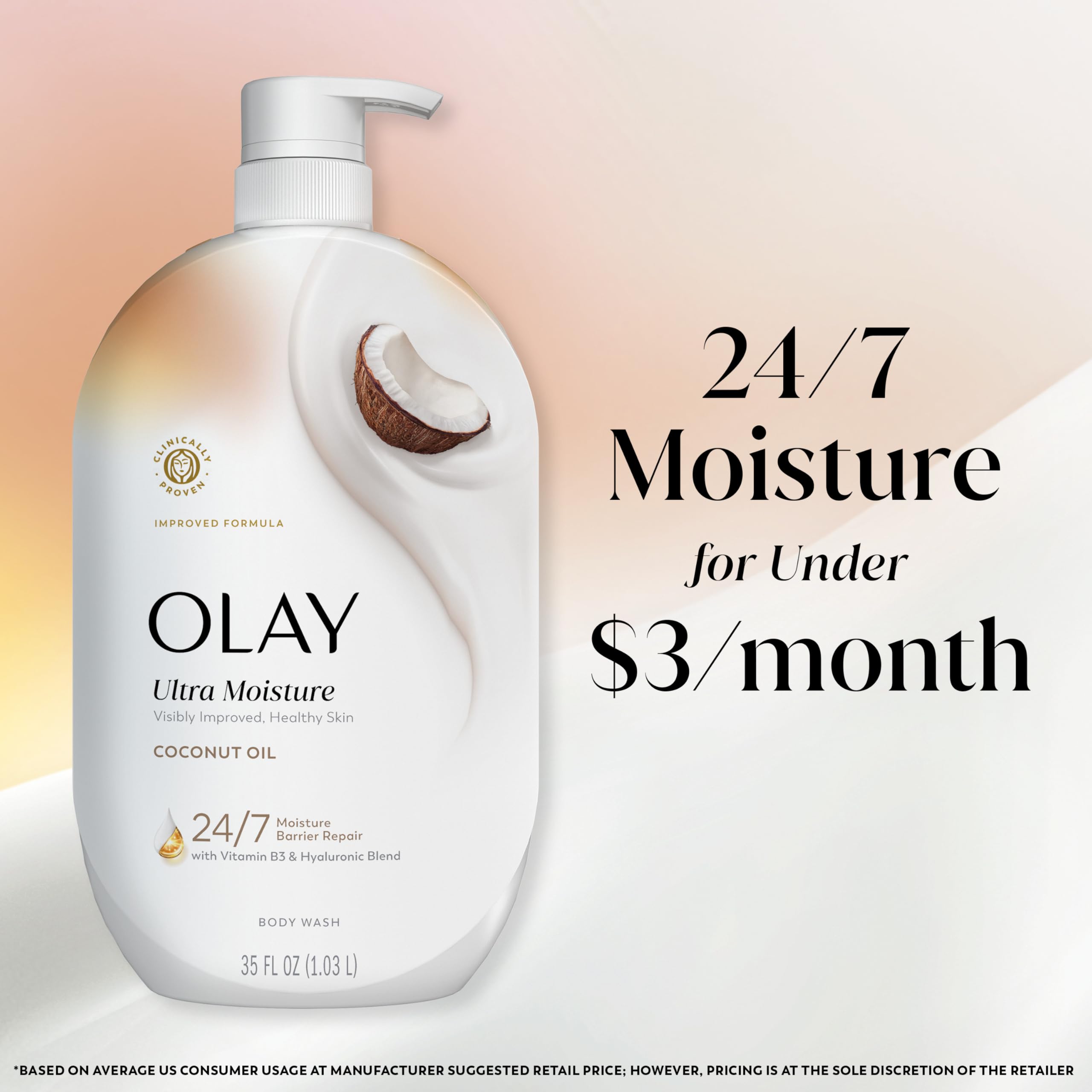 Olay Body Wash for Women, Ultra Moisture, 24/7 Moisture Barrier Repair, Hydrating Formula for Visibly Healthy Soft Skin, Vitamin B3 & Hyaluronic Blend, For All Skin Types, Coconut Oil Scent, 35 fl oz