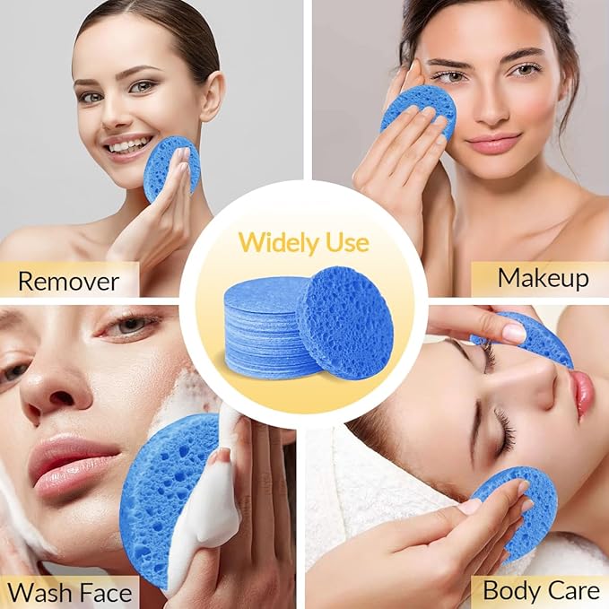 100-Count Facial Sponges Compressed Natural Cellulose Sponge Round Shape Face Sponge for Face Cleansing Exfoliating and Makeup Removal, Blue