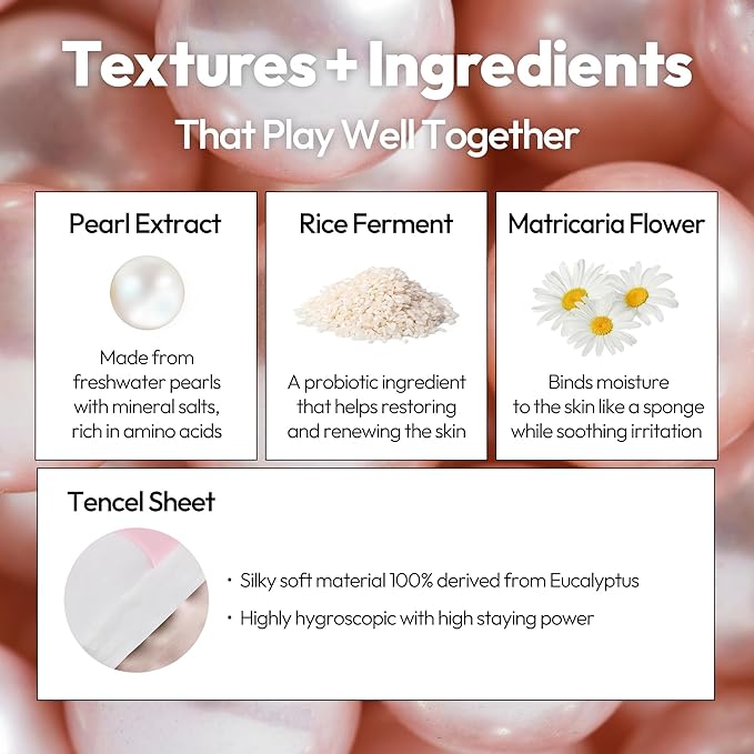 LAPCOS K Beauty Pearl Sheet Mask - Revitalizing & Refining Face Masks with Rice Ferment - Refines Uneven Texture & Dark Spots - Breathable Eucalyptus-derived Tencel Sheet Korean Skin Care (Pack of 5)