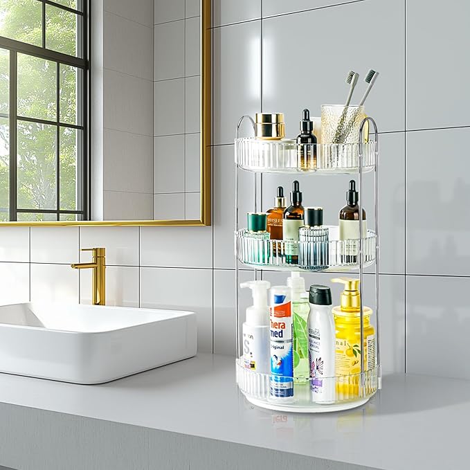 Niluks 360 Rotating Makeup Organizer, 3 Tier Large Capacity Lazy Susan Bathroom Counter Organizer, Skincare Organizers, Spinning Perfume Organizer & Vanity Organizer Countertop (Silver Clear, 3 Tier)