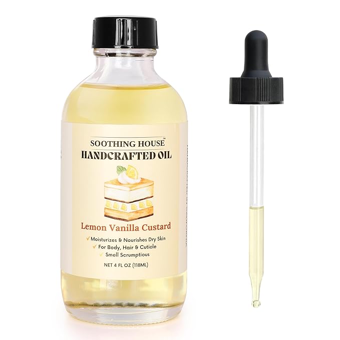 Soothing House Lemon Vanilla Custard Oil with All-Natural Moisturizing Body Oil for Soft, Glowing Skin with Almond & Jojoba Oil (4 fl oz)