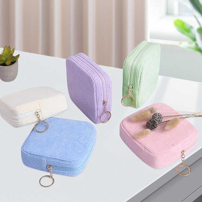 Teircno Sanitary Napkin Storage Bag, Preppy Corduroy Period Bag for Women, Cute Portable Period Pouch with Zipper, Sanitary Pads Bag Tampons Holder for Purse, First Period for Women Ladies