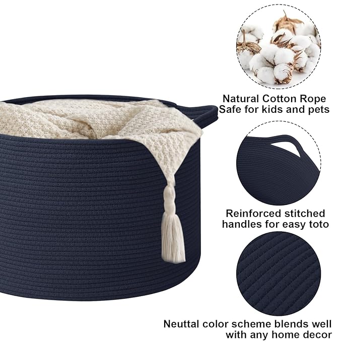 115L Large Blanket Basket,23.6" L x 23.6" W x 15.7" H Rope Woven Baskets with Handles, Toys Storage Bins,Laundry Basket Perfect for Living Room, Nursery,Bedroom,Home Organization,Dark Blue