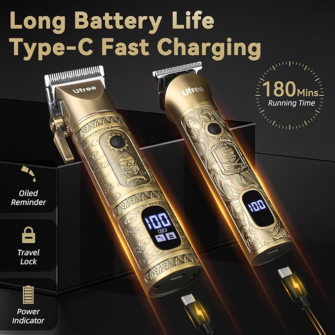 Ufree Hair Clippers for Men Professional with Beard Trimmer, Barber Clippers and Trimmers Set, Electric Razor Shavers for Men, Cordless Mens Grooming Kit for Nose, Face, Hair, Gifts Bronze