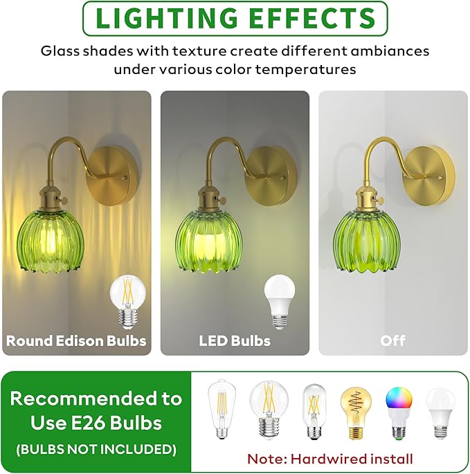 Wall Sconces Lights Lamp for Bedroom Bathroom, Modern Vanity Light Fixtures, Wall Mount Lighting Vintage Tulip Green Glass Shade for Living Room Mirror Hallway Kitchen
