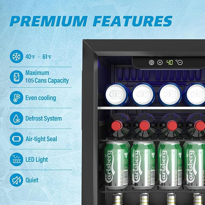 Stopsad 95 Can Freestanding Beverage Refrigerator, 2.6 Cu. Ft Drink Fridge with Clear View Door, Adjustable Shelves & Temperature Control, Quiet Compressor Small Refrigerator for Soda, Beer or Wine