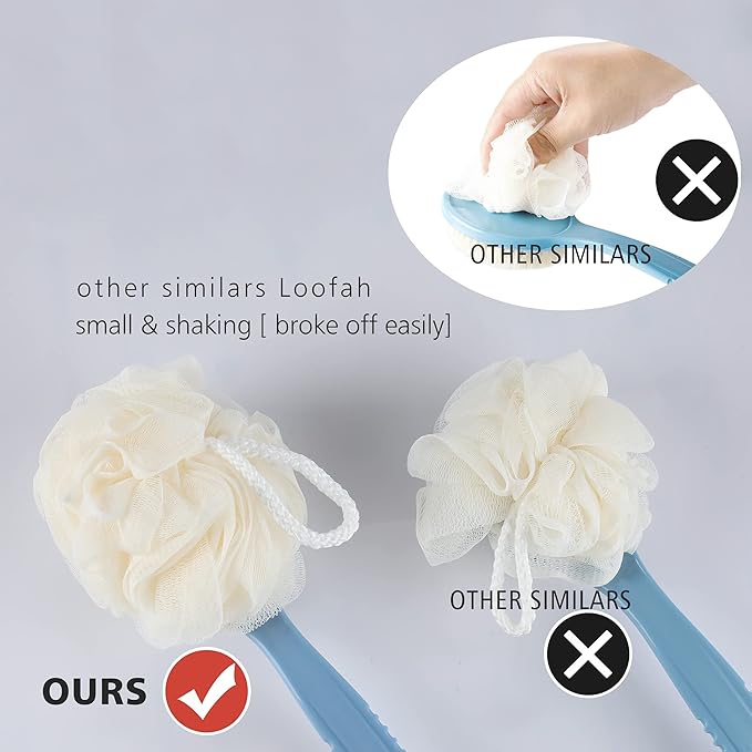 Shower Body Brush with Bristles and Loofah,Back Scrubber Bath Mesh Sponge with Curved Long Handle for Skin Exfoliating Bath, Massage Bristles Suitable for Wet or Dry, Men and Women (Grey)