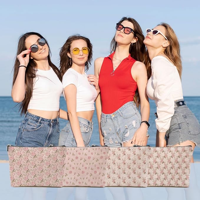4pcs Pink Vintage Roses Floral Makeup Bag, Rose Gifts for Women Girl Sister