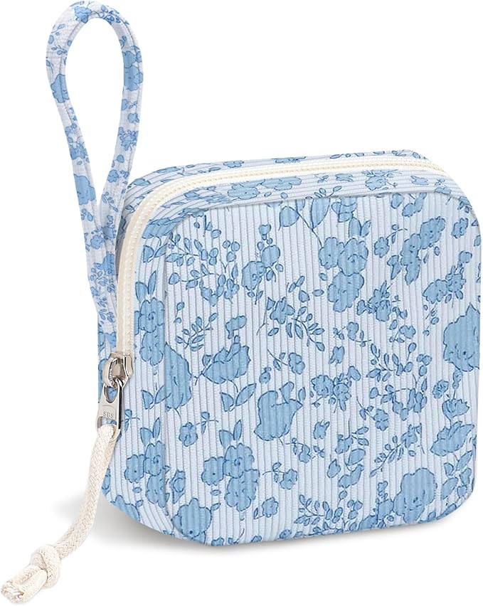 Chicarries Small Makeup Bag | Discreet Period Bag Pad Pouch for Purse| Sanitary Napkin Storage & Tampon Holder for Travel (Flower blue)