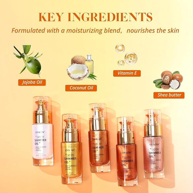 Liyalan Shimmer Body Oil Silver Color 1.0 fl.oz Face Glow Pearl Highlighter Illuminator Long-Lasting Shine Glitter Liquid Tanning with Makeup Brush