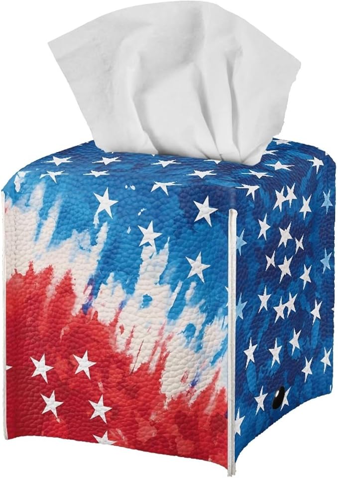 American Tie Dye Decorative Tissue Box Cover, Waterproof PU Leather Square Holder with Metal Button, Protective Napkin Case for Bathroom Countertop, Office Desk, and Car Interior