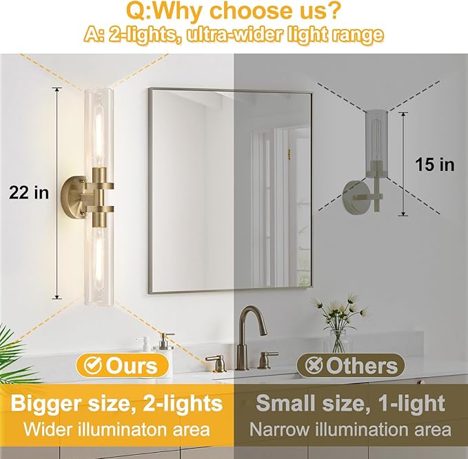 Brass Wall Sconces, Hardwired Bathroom Sconces Wall Lighting with Clear Glass, Modern Bathroom Vanity Lights fixtures for Mirror Bedroom Living Room Hallway Kitchen