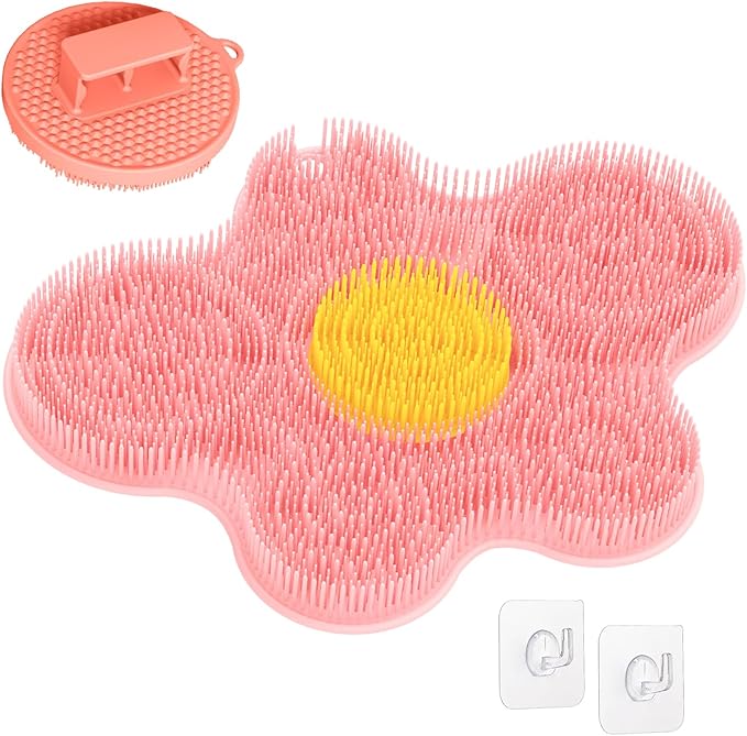 Upgrade Silicone Shower Foot Scrubber Mat & Silicone Body Scrubber Set, Large Wall-Mounted Back Scrubber Back Washer to Clean, Exfoliate and Massage Without Bending(Pink+Body Scrubber)