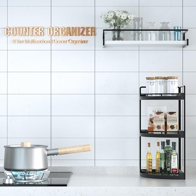 CeleVista Corner Bathroom Counter Organizer, 3 Tier Bathroom Sink Shelf Countertop, Wood Vanity Skincare Storage for Toiletries Decor, Makeup, Dresser(Black)