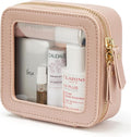 Small Makeup Bag for Purse Mini Cosmetic Bag Clear Pink Square Pouch for School Cute Leather Make Up Case Travel Organizer for Backpack Tiny Toiletry Bag with Zipper for Car Essentials Women Girls